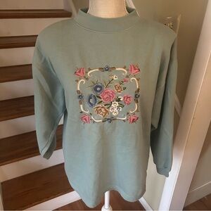 Vintage Floral Sweatshirt Women’s Size Large Green 90s Y2K Granny Core Flowers